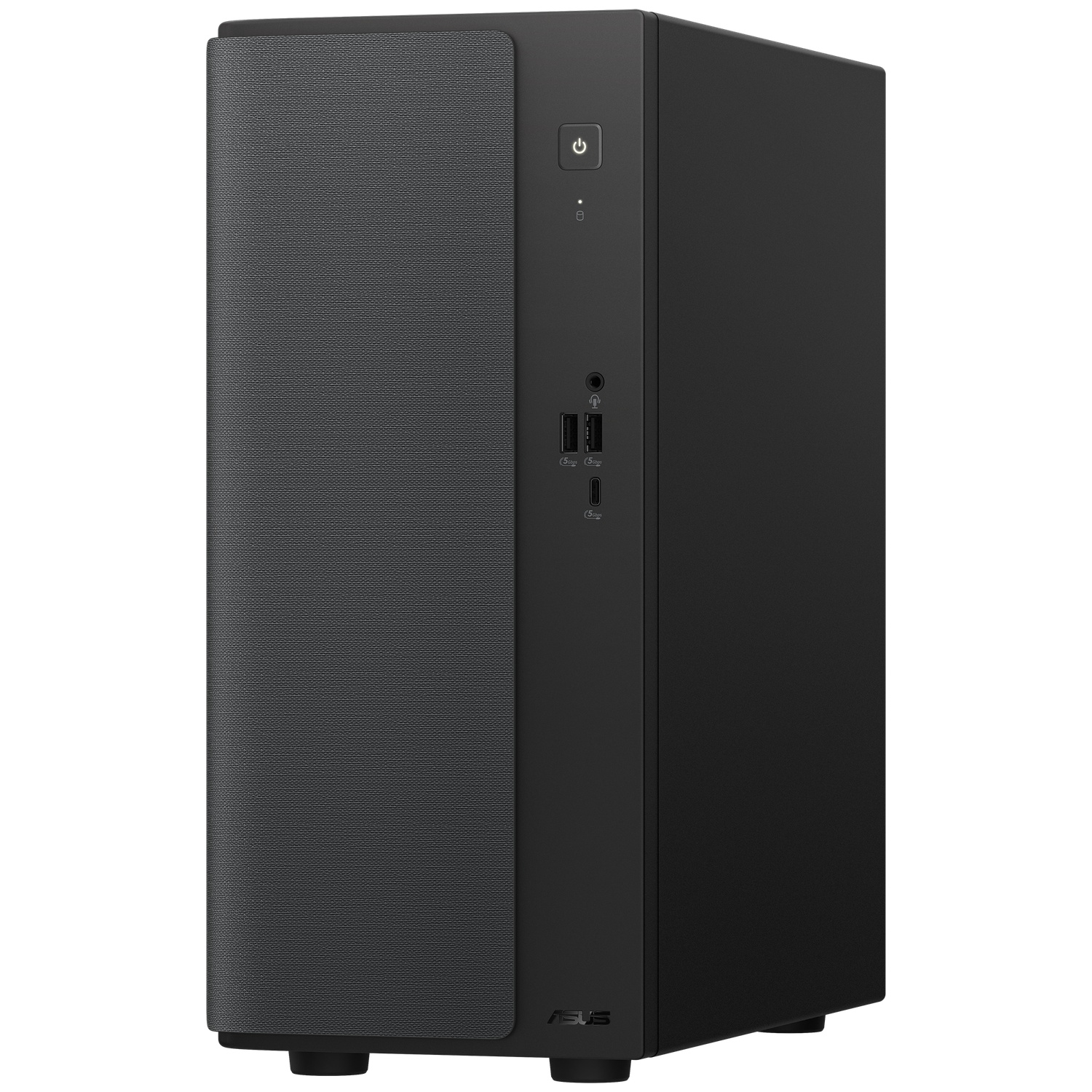 Black Asus desktop tower with textured front panel and front ports.