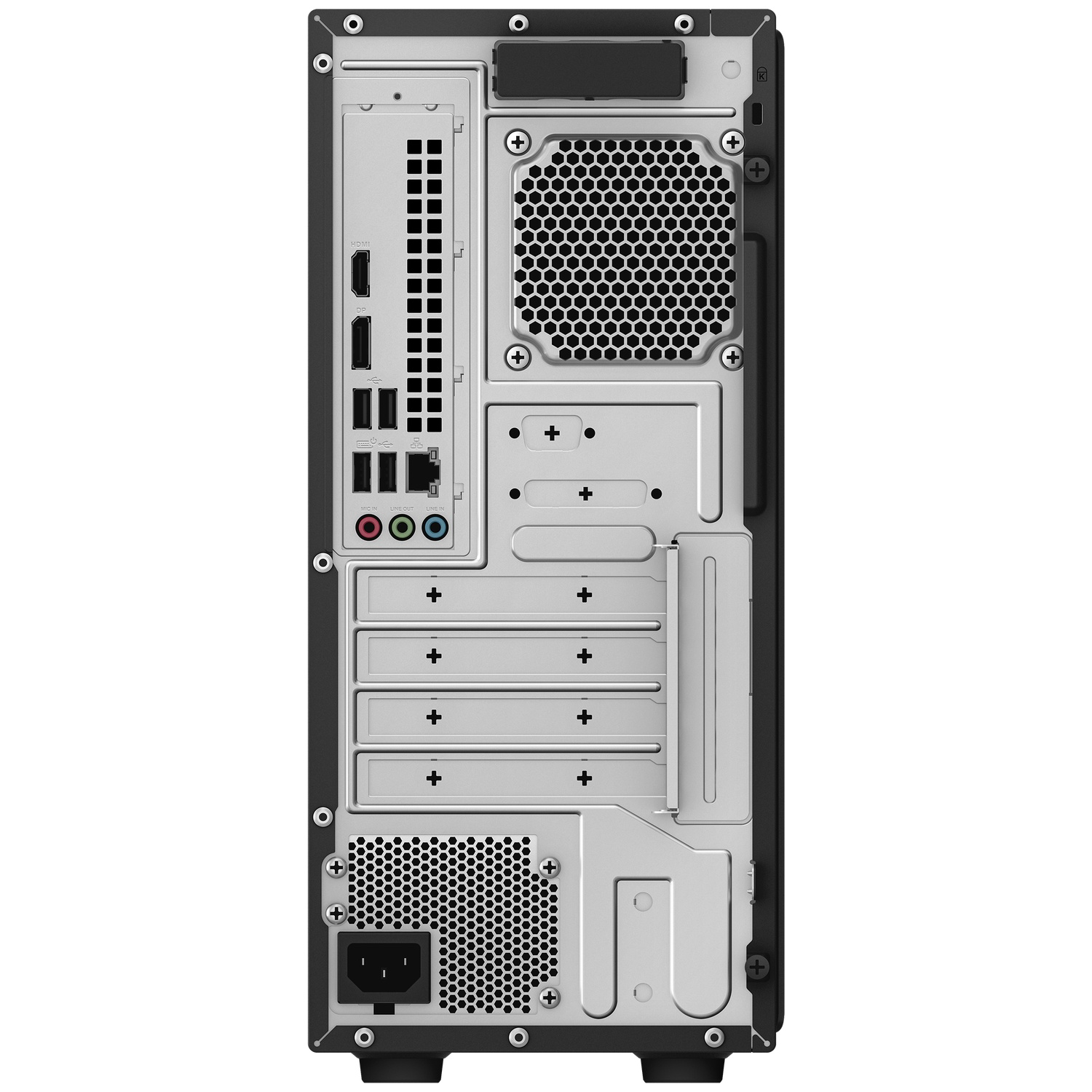 Back view of a black PC showing ports like HDMI, USB, and audio jacks.