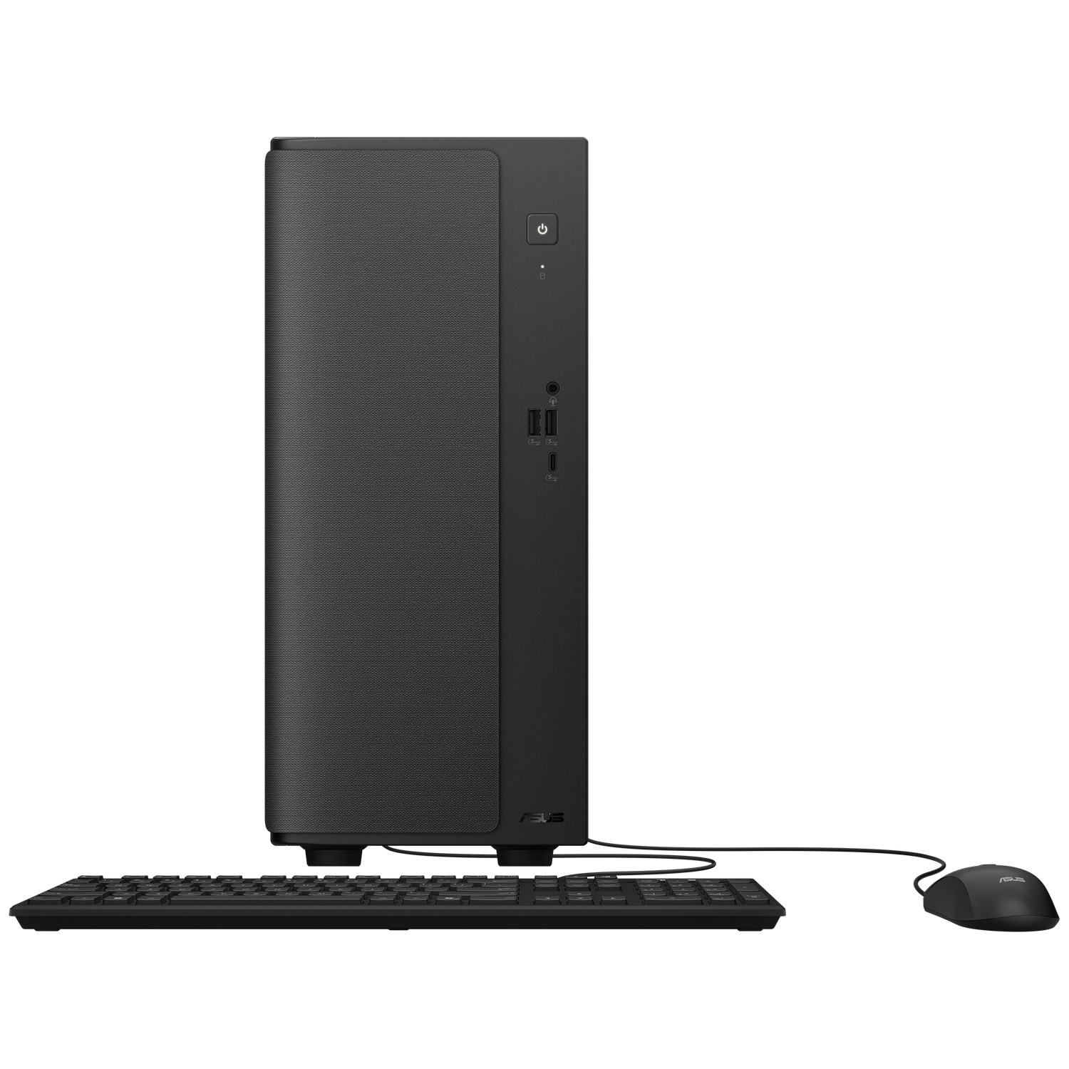 Black desktop computer with keyboard and mouse on a white background.