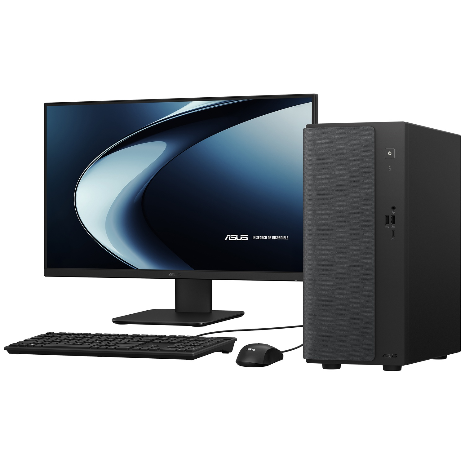 A black desktop computer setup with monitor, keyboard, and mouse.