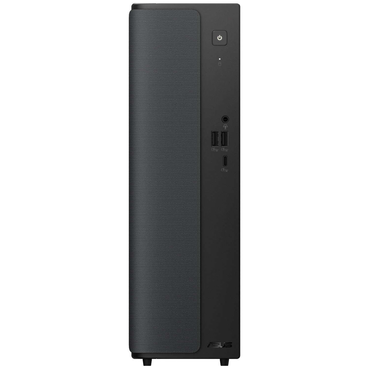 Black ASUS PC with power button, ports, and textured panel.