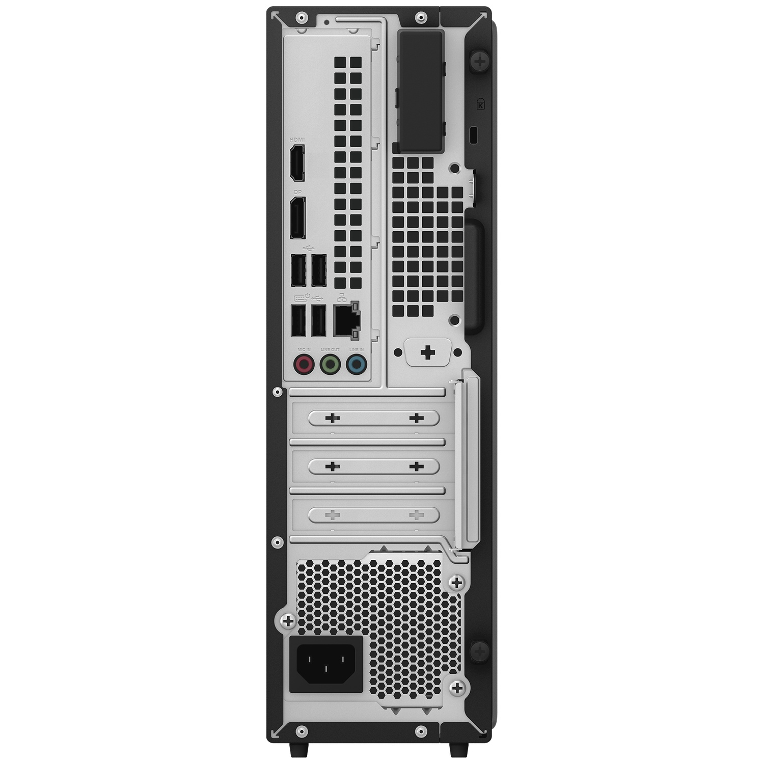 Back of a PC with ports: HDMI, DP, USB, audio, power supply.