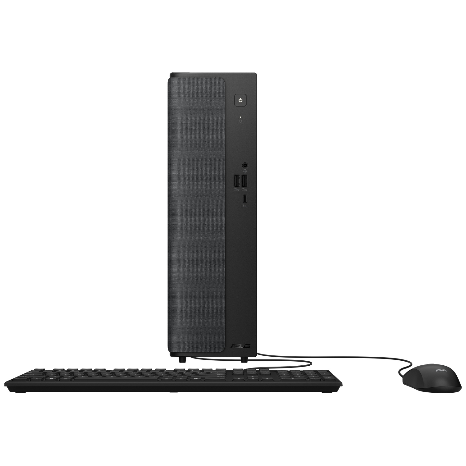 Black Asus desktop tower with power button, ports, keyboard, and mouse.