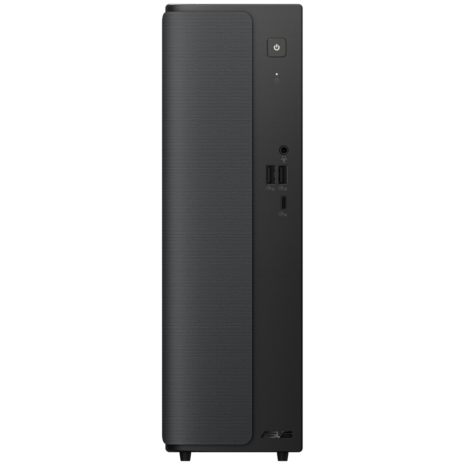 Black ASUS PC case with textured side panel, USB ports, and power button.