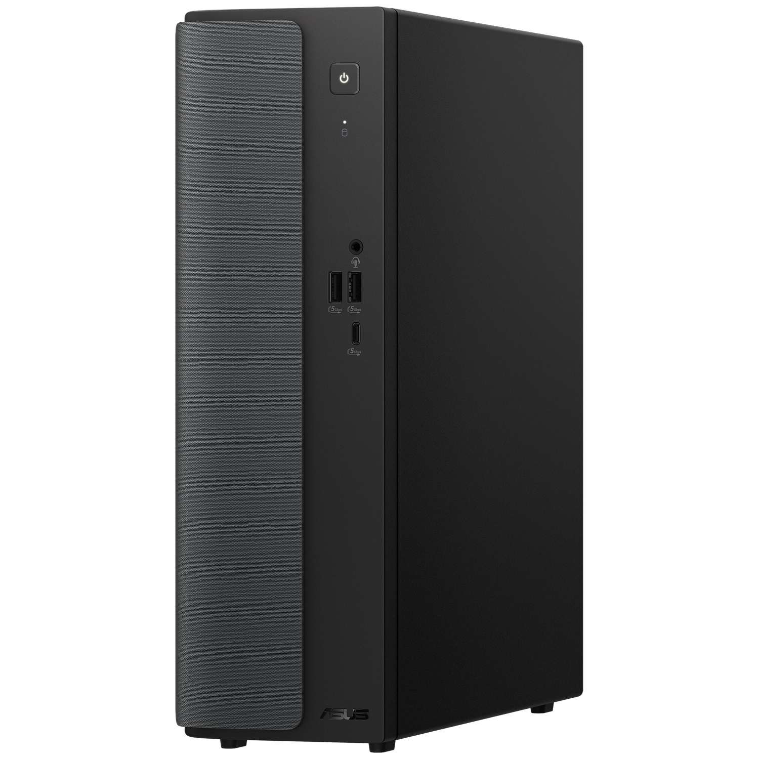 Black Asus PC tower with power button and USB ports on the front panel.