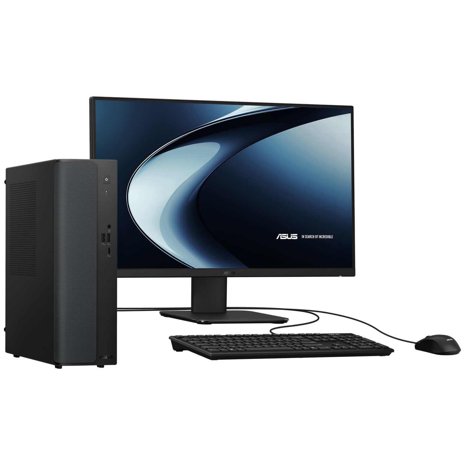 A black ASUS computer tower, monitor, keyboard, and mouse are displayed on a white background.