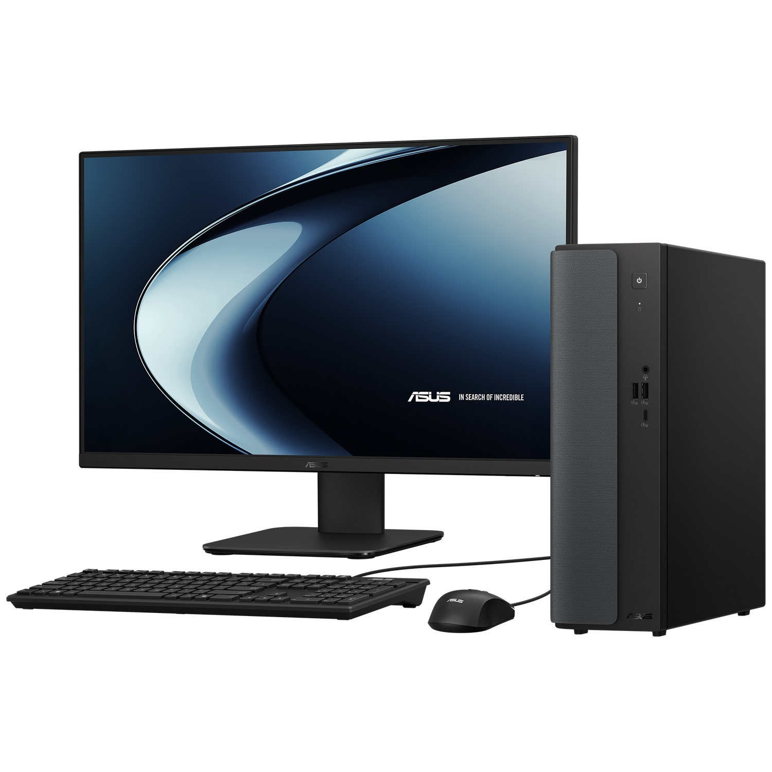 A black desktop computer set with monitor, keyboard, and mouse on a white background.