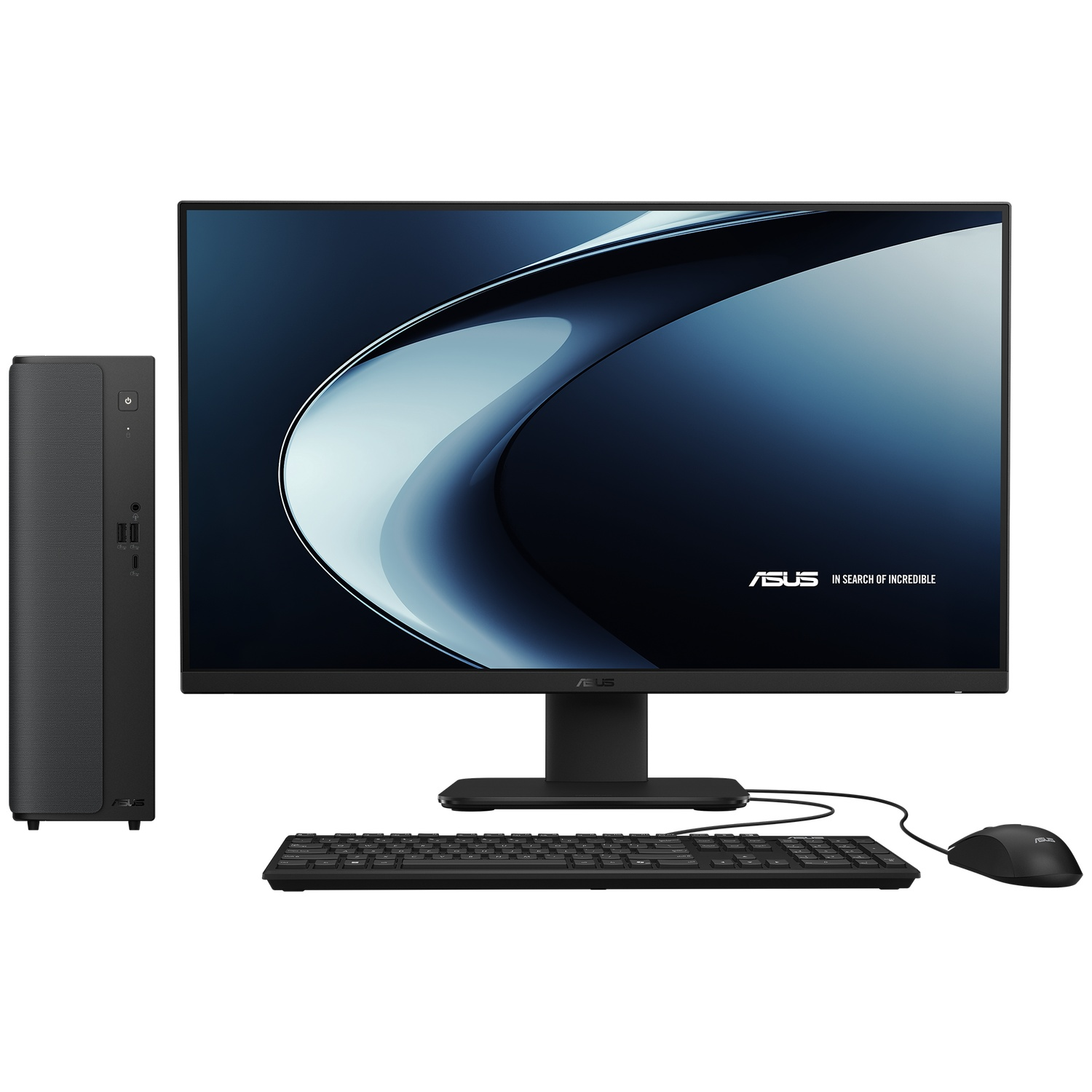Black tower PC with monitor, keyboard, and mouse on a white background.