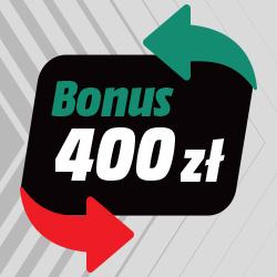 Bonus 400 zł z czerwonymi i zielonymi strzałkami na szarym tle.