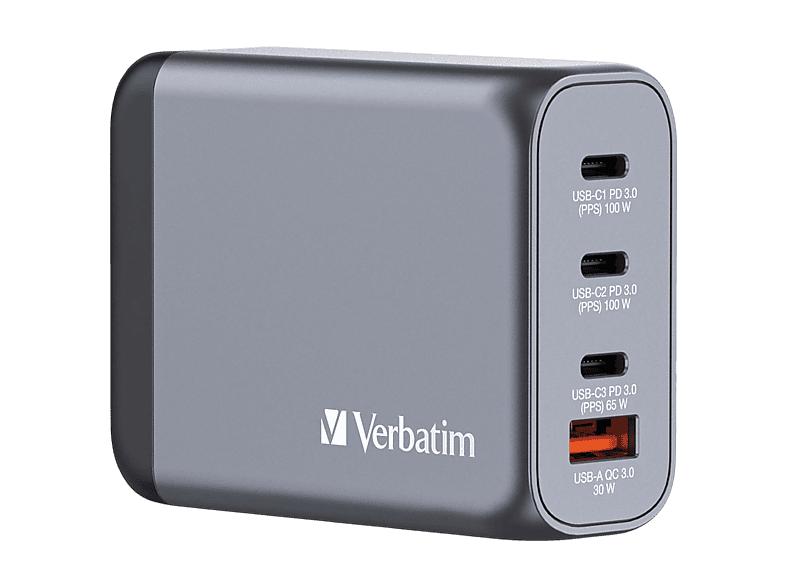 VERBATIM GNC-100 GAN Ladegerät, 4 Anschlüsse, USB-C, USB-A, 100 Watt, (EU/UK/US)