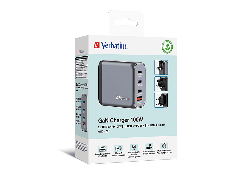 VERBATIM GNC-100 GAN Ladegerät, 4 Anschlüsse, USB-C, USB-A, 100 Watt, (EU/UK/US) — Foto 2 von 2