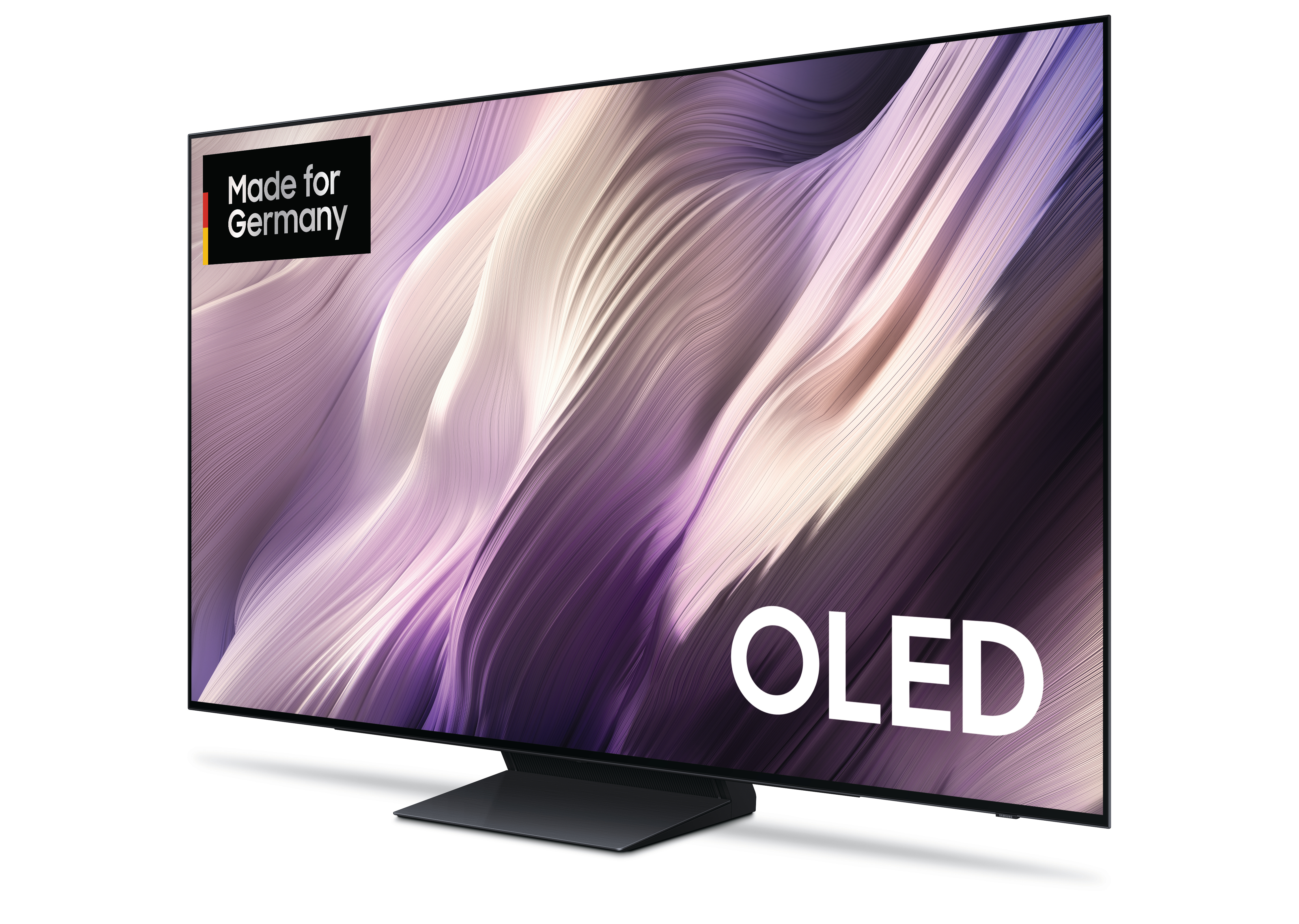 Ein moderner OLED-Fernseher mit einem abstrakten, fließenden Muster auf dem Bildschirm.
