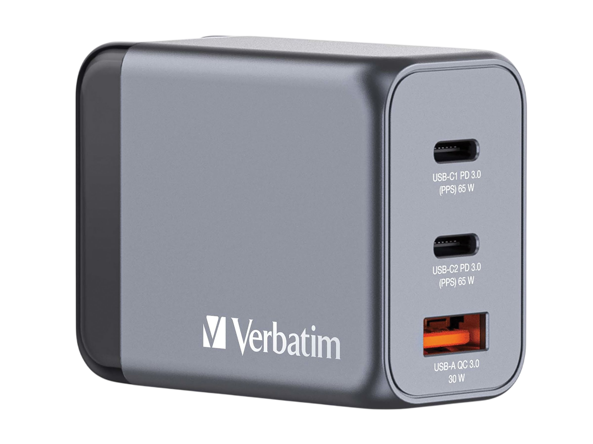 Grauer Verbatim USB-Ladegerät mit 2 USB-C und 1 USB-A Anschluss.