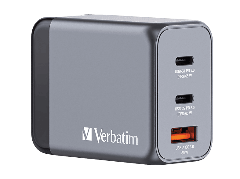 VERBATIM GNC-65 GAN Ladegerät, 3 Anschlüsse, USB-C, USB-A, 65 Watt, (EU/UK/US)