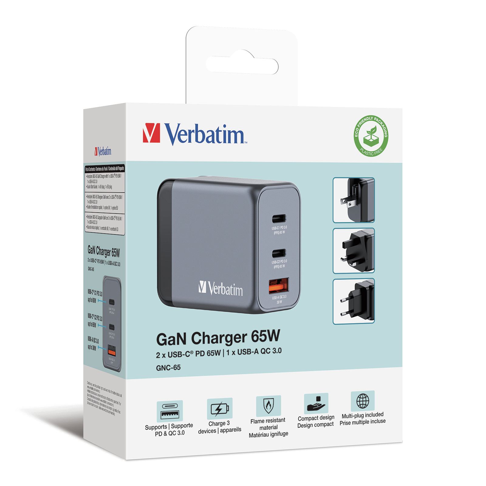 Verbatim GaN 65W Ladegerät mit 2 USB-C und 1 USB-A Anschluss.