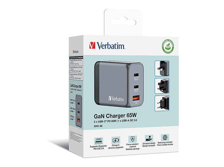 VERBATIM GNC-65 GAN Ladegerät, 3 Anschlüsse, USB-C, USB-A, 65 Watt, (EU/UK/US) — Foto 2 von 2
