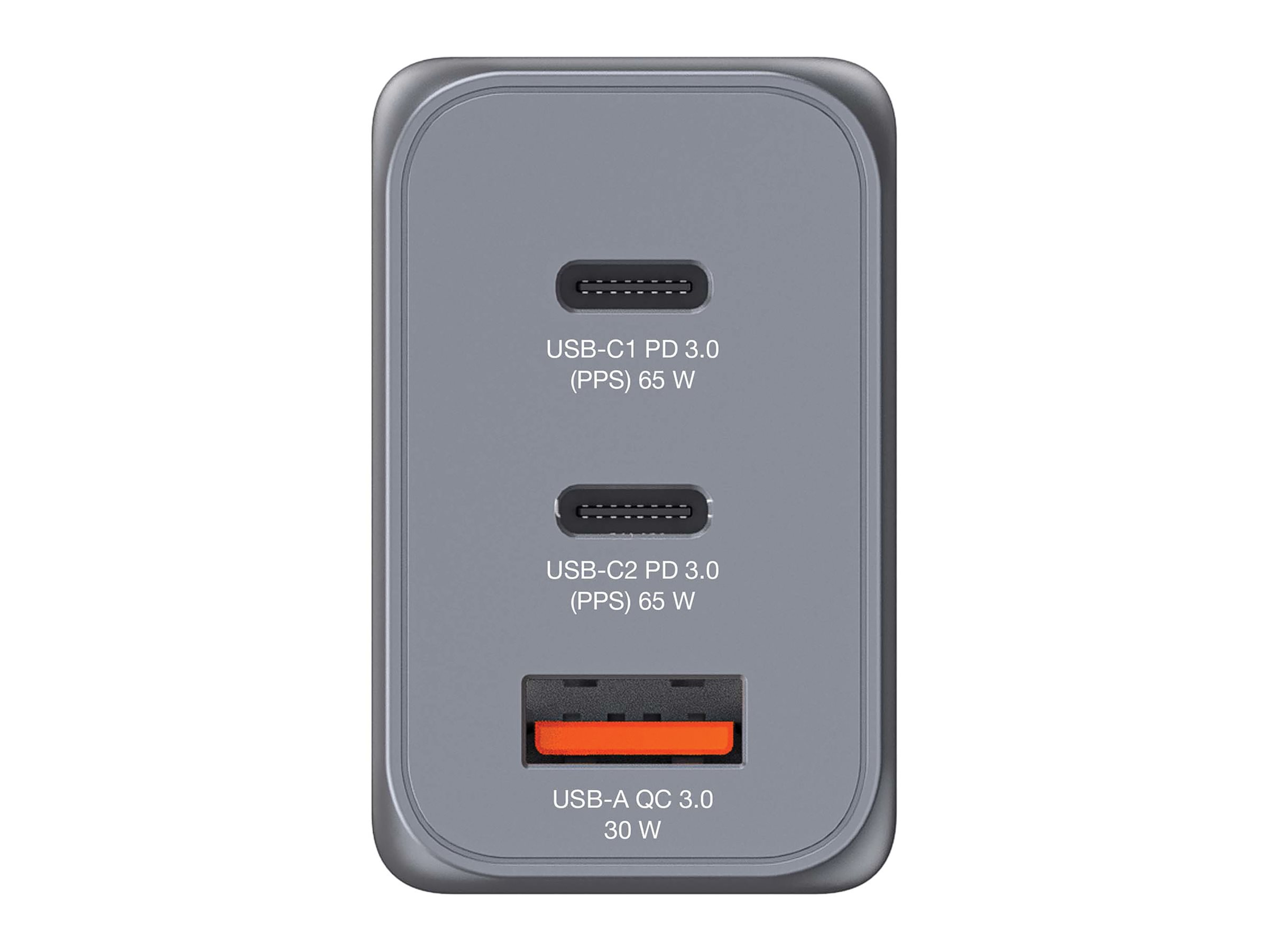 Grauer Netzstecker mit drei Anschlüssen: 2x USB-C (65W) und 1x USB-A (30W).
