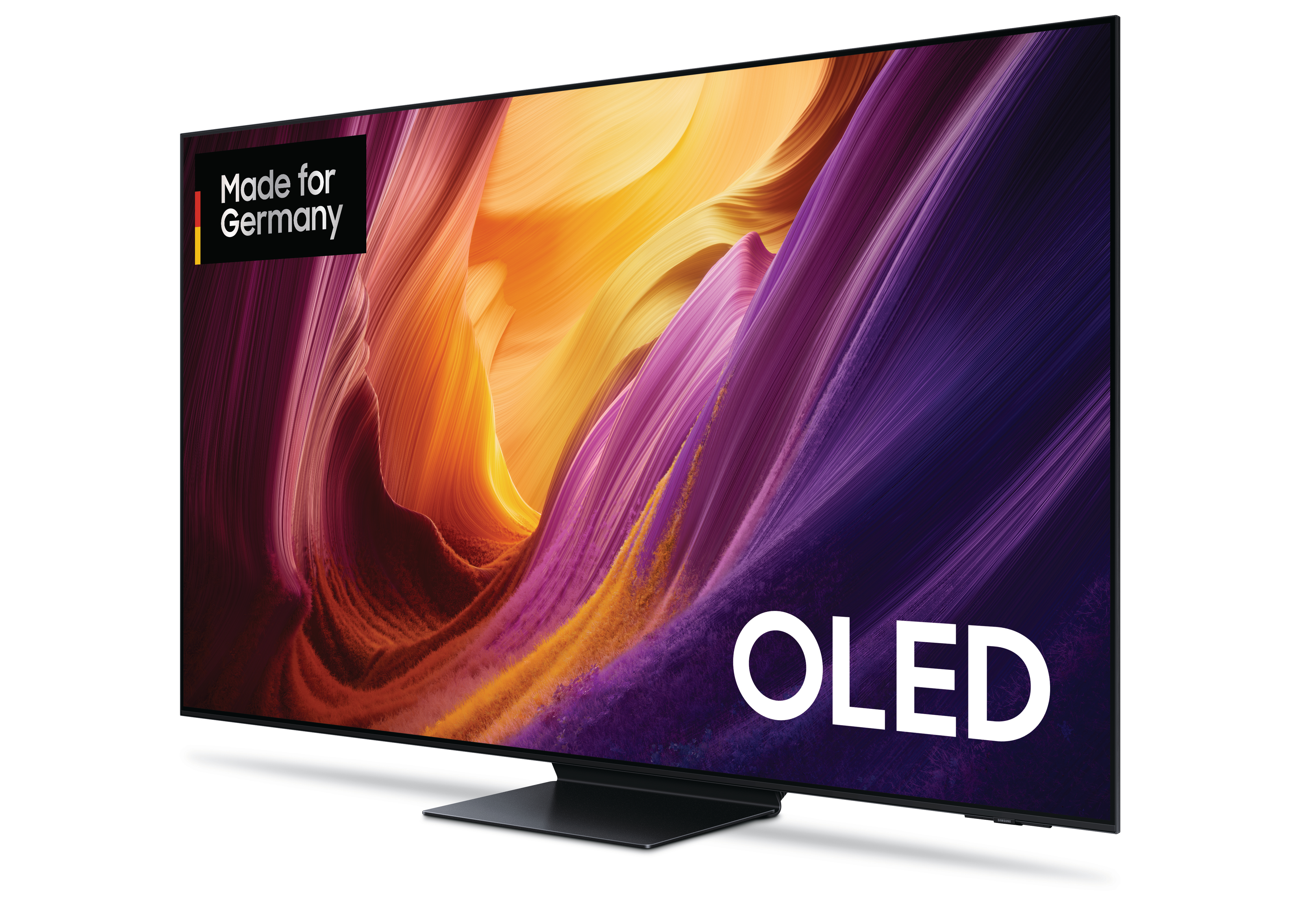 Ein OLED-Fernseher mit einem abstrakten Bild in Lila- und Gelbtönen auf dem Bildschirm.