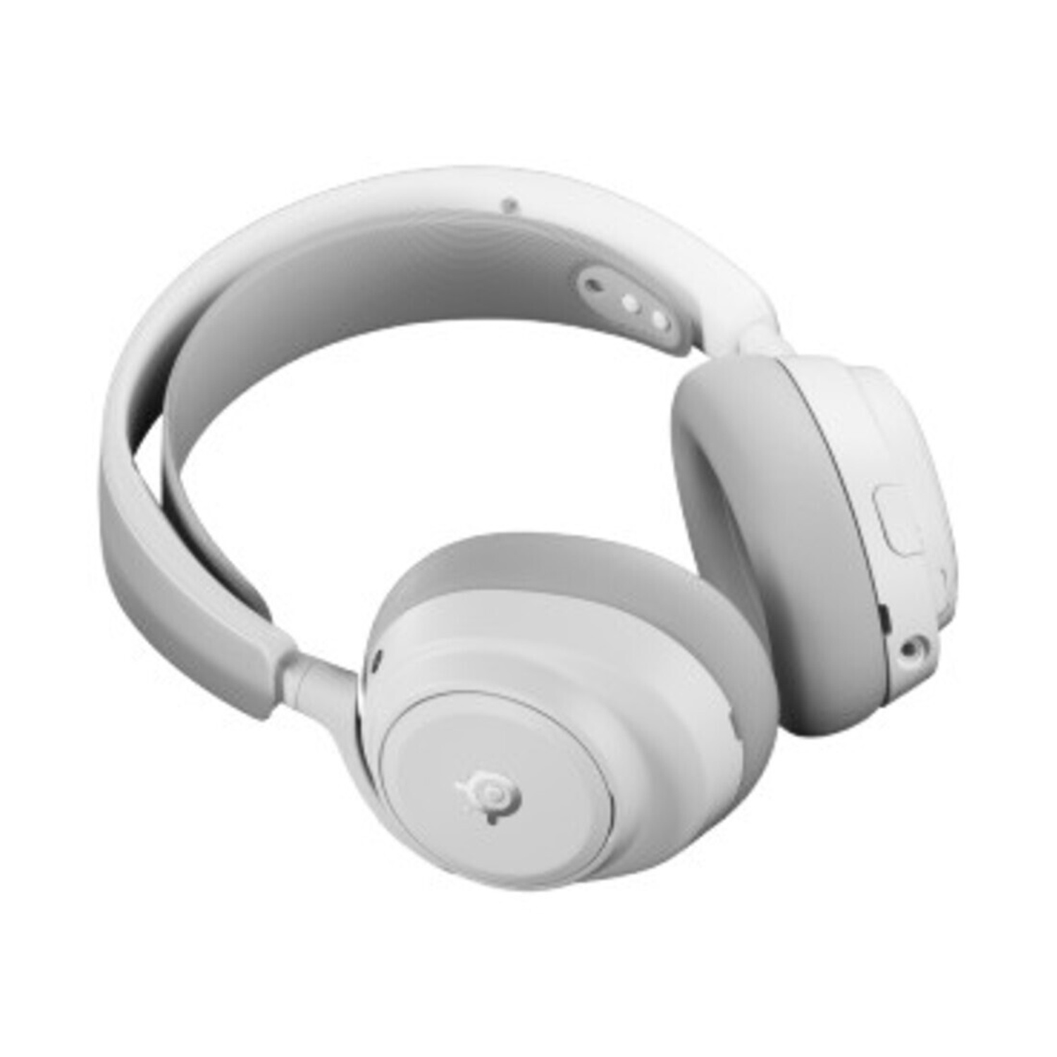 Un auricolare bianco e grigio con padiglioni imbottiti e archetto.