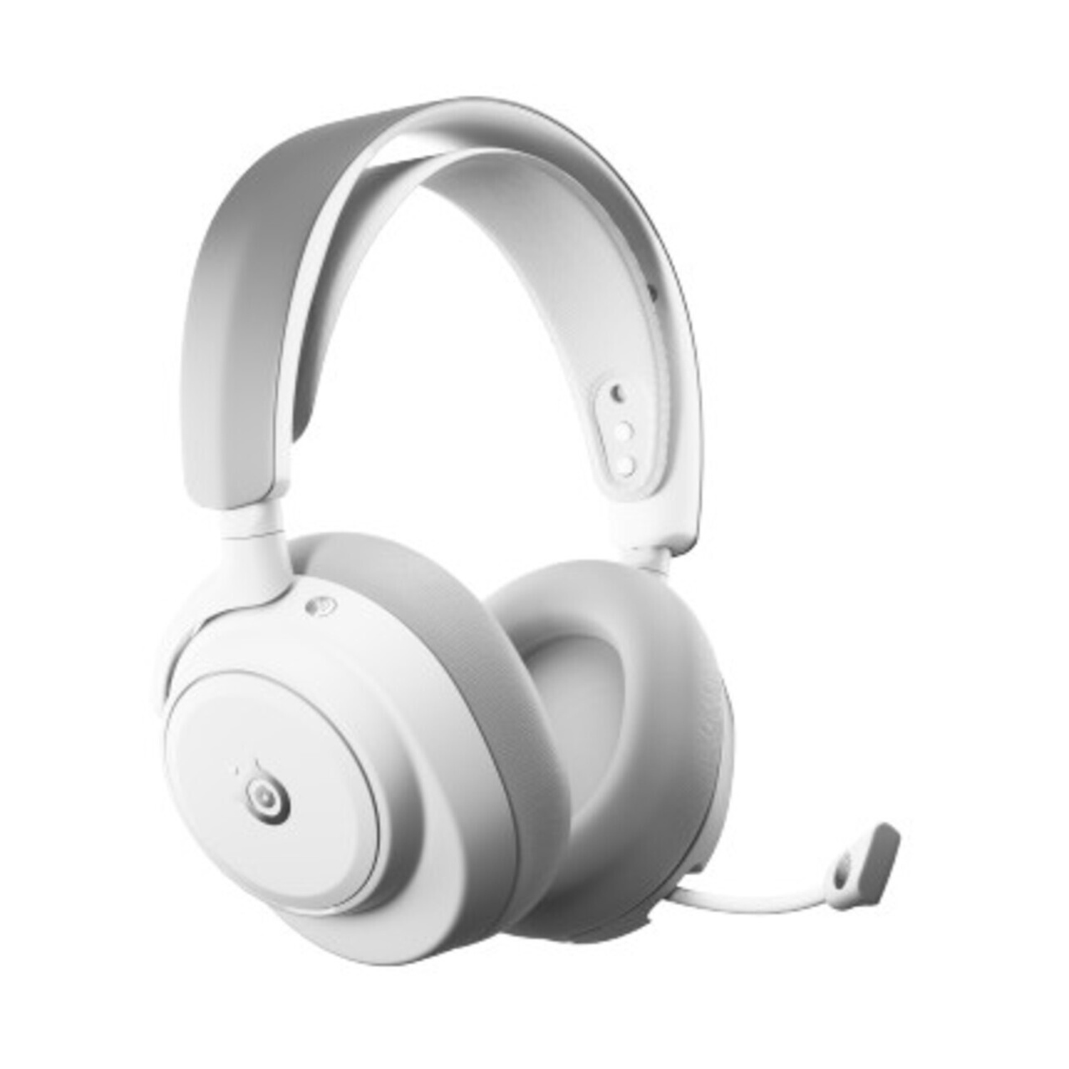 Un auricolare bianco con microfono, isolato su sfondo bianco.