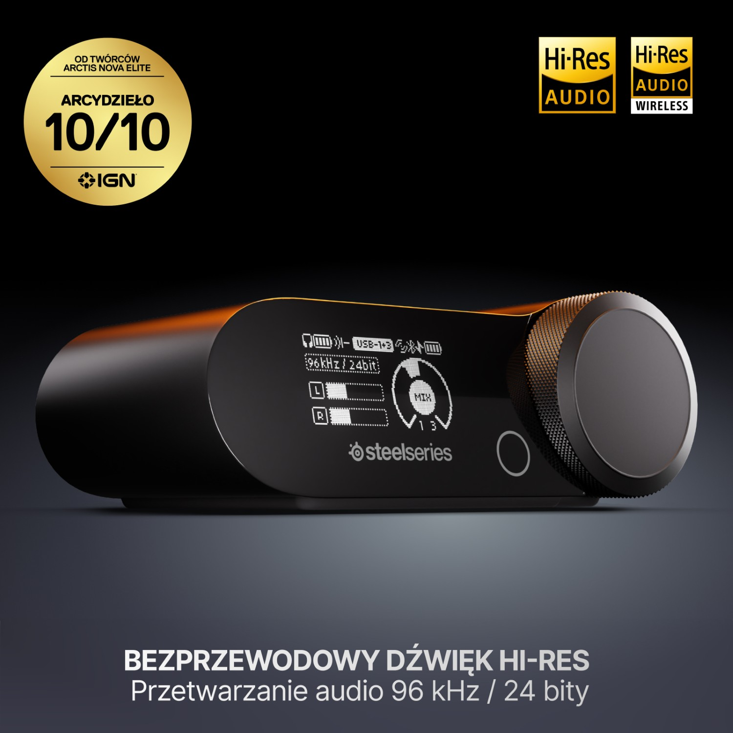 Czarny mikser audio SteelSeries z ekranem wyświetlającym 96kHz/24bit.