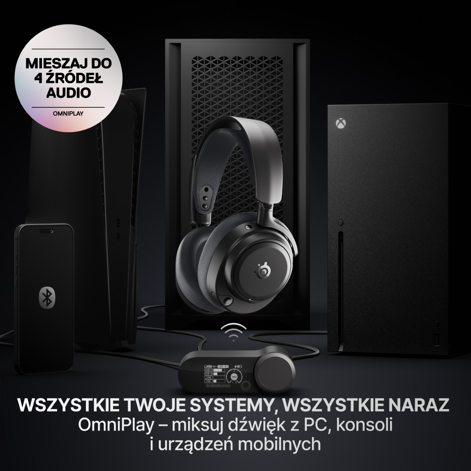 Słuchawki gamingowe, Xbox Series X, PS5, smartfon i mikser