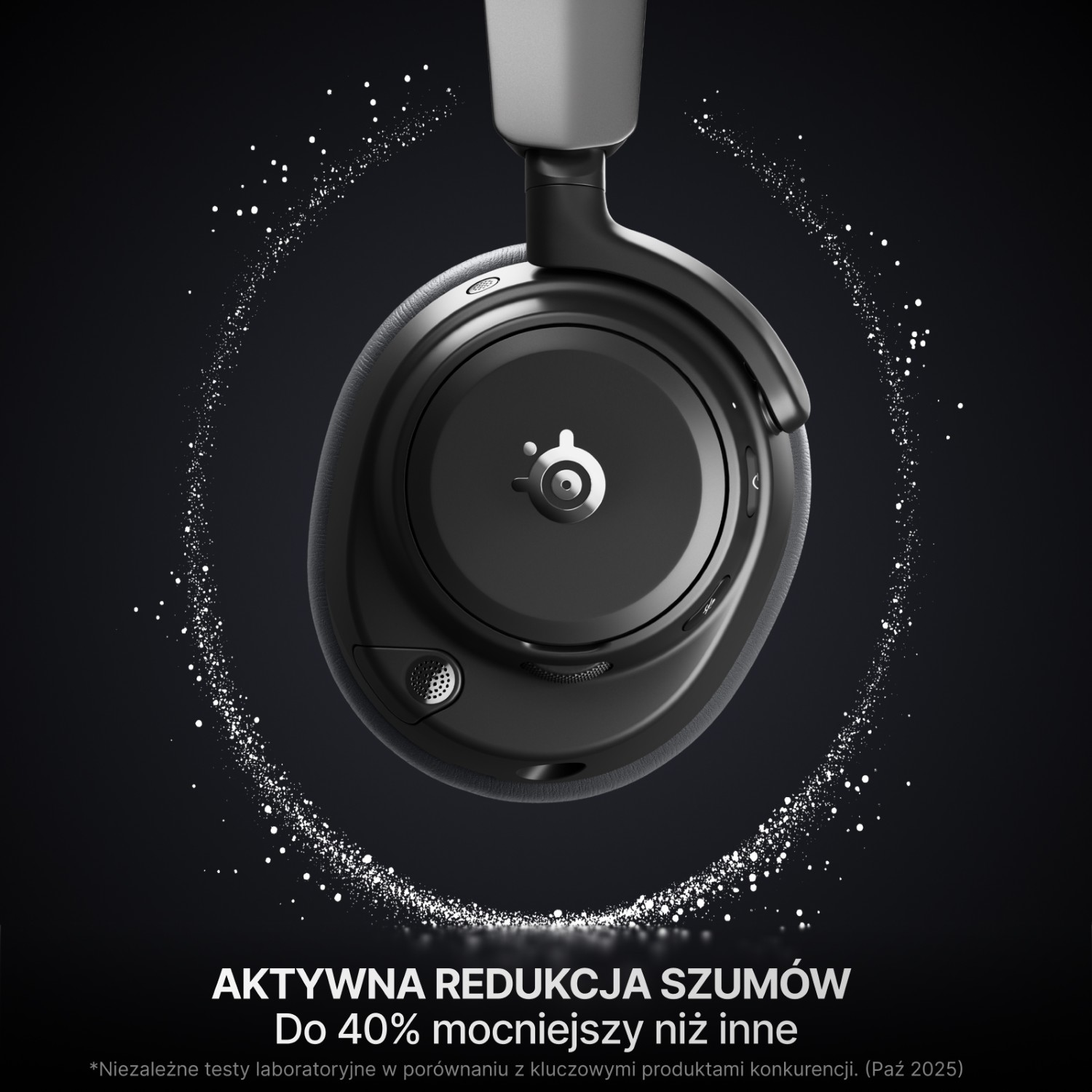 Czarne słuchawki z aktywną redukcją szumów, otoczone białymi drobinkami.
