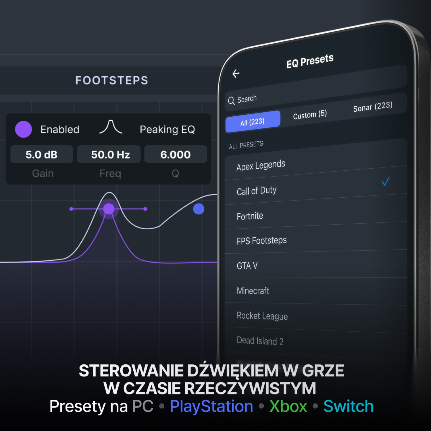 Ustawienia EQ dla gier: PC, PlayStation, Xbox, Switch.