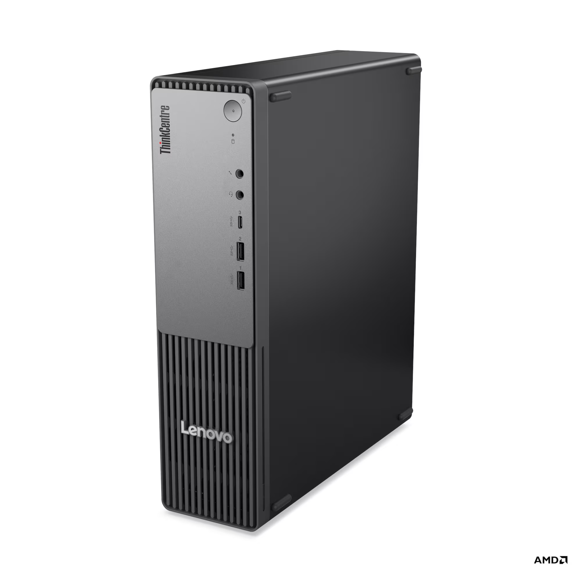 Egy fekete Lenovo ThinkCentre torony PC ezüst előlappal és szellőzőnyílásokkal.