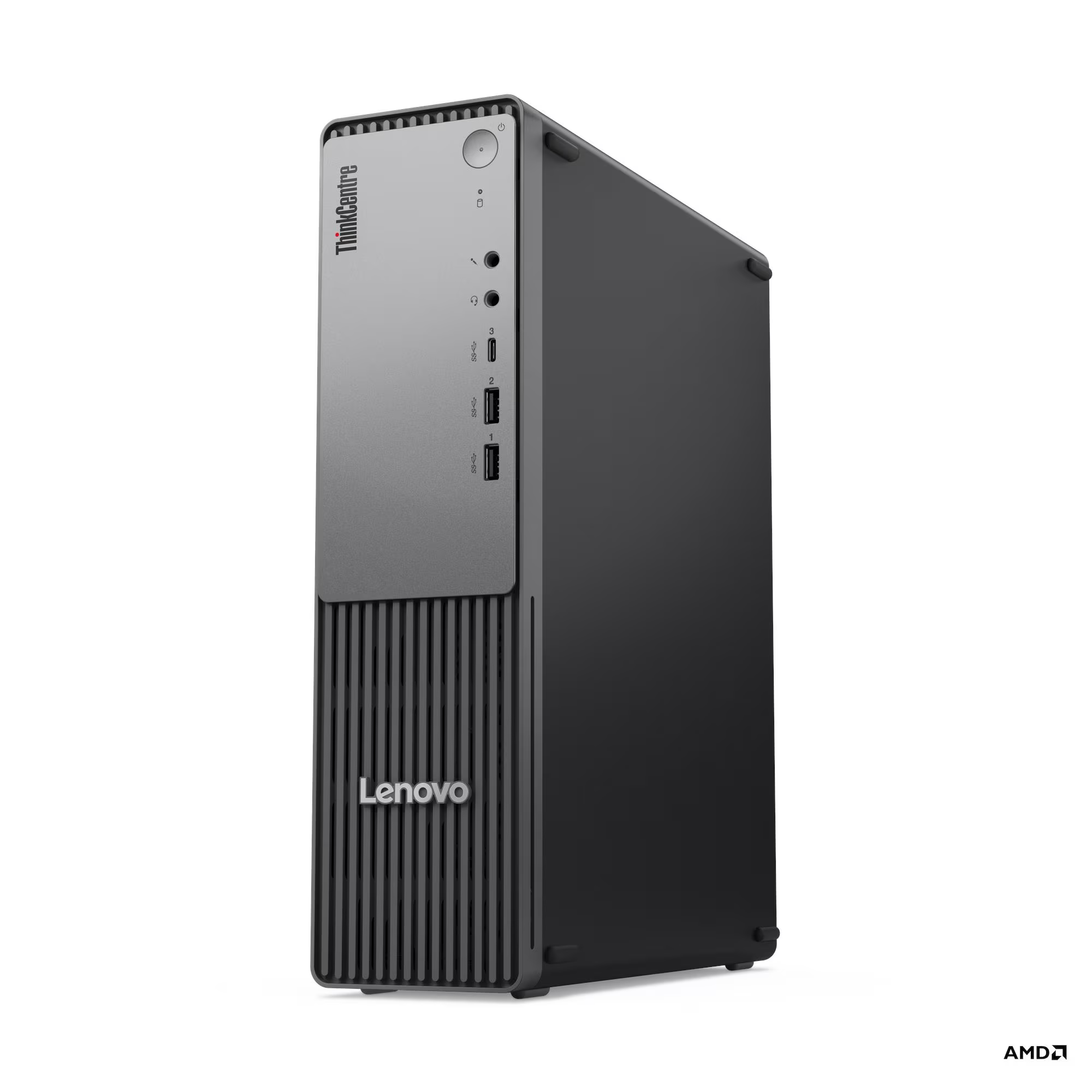 Fekete Lenovo ThinkCentre asztali számítógép függőleges szellőzőkkel és portokkal.