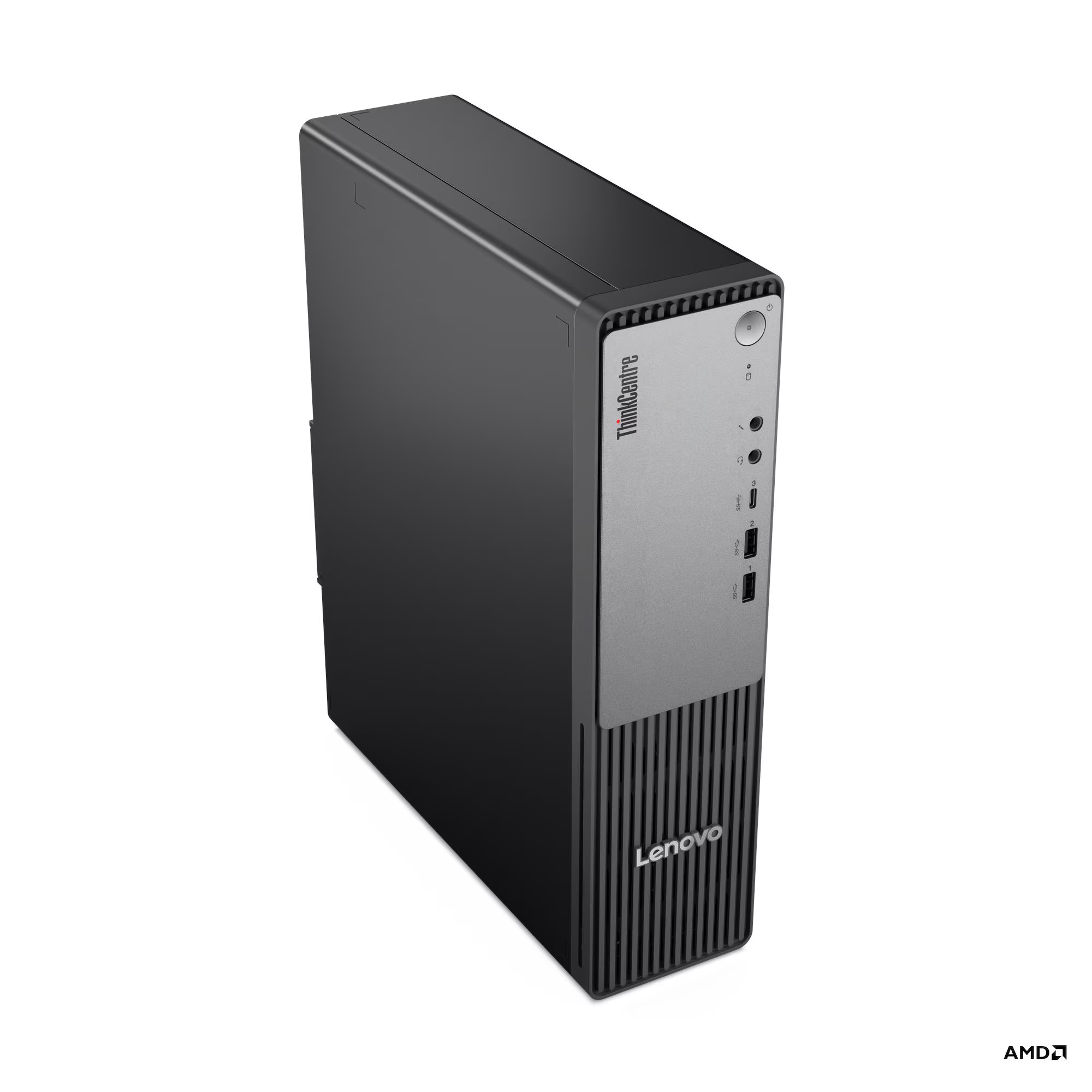 Fekete Lenovo ThinkCentre asztali számítógép elülső portokkal és AMD logóval.