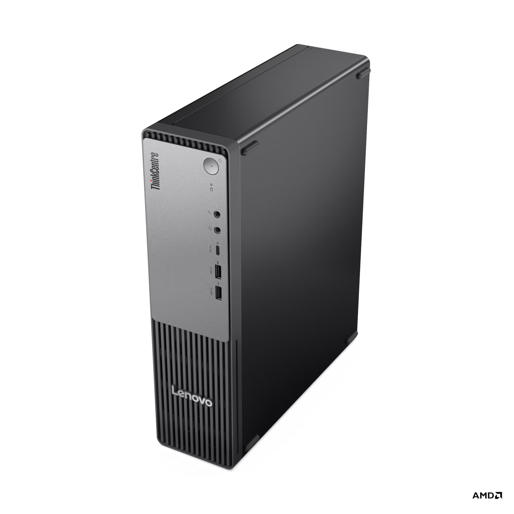 Egy fekete Lenovo ThinkCentre PC torony ezüst előlappal és portokkal.