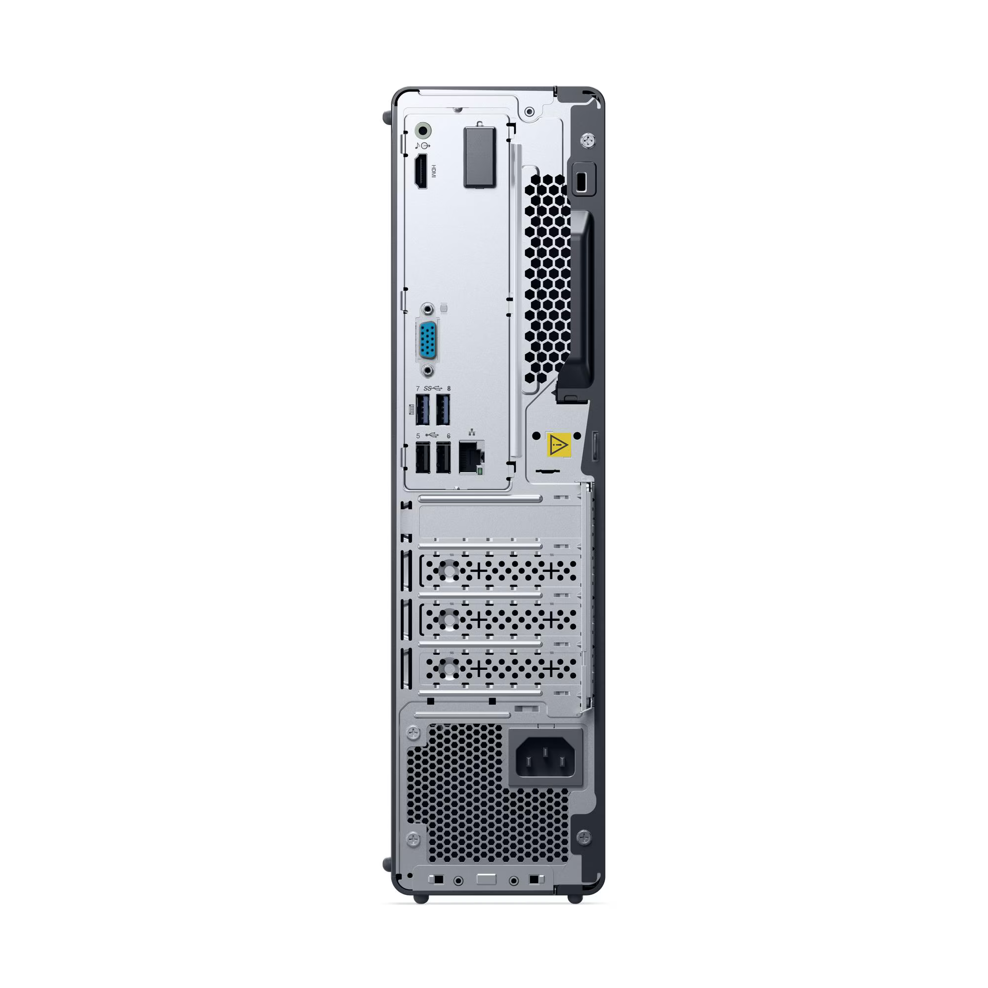 PC hátulja csatlakozókkal: USB, HDMI, VGA, táp.