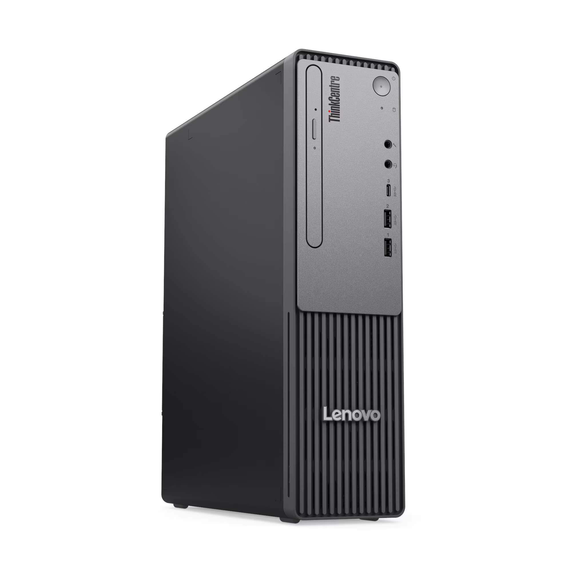Egy fekete Lenovo ThinkCentre torony számítógép ezüst előlappal.