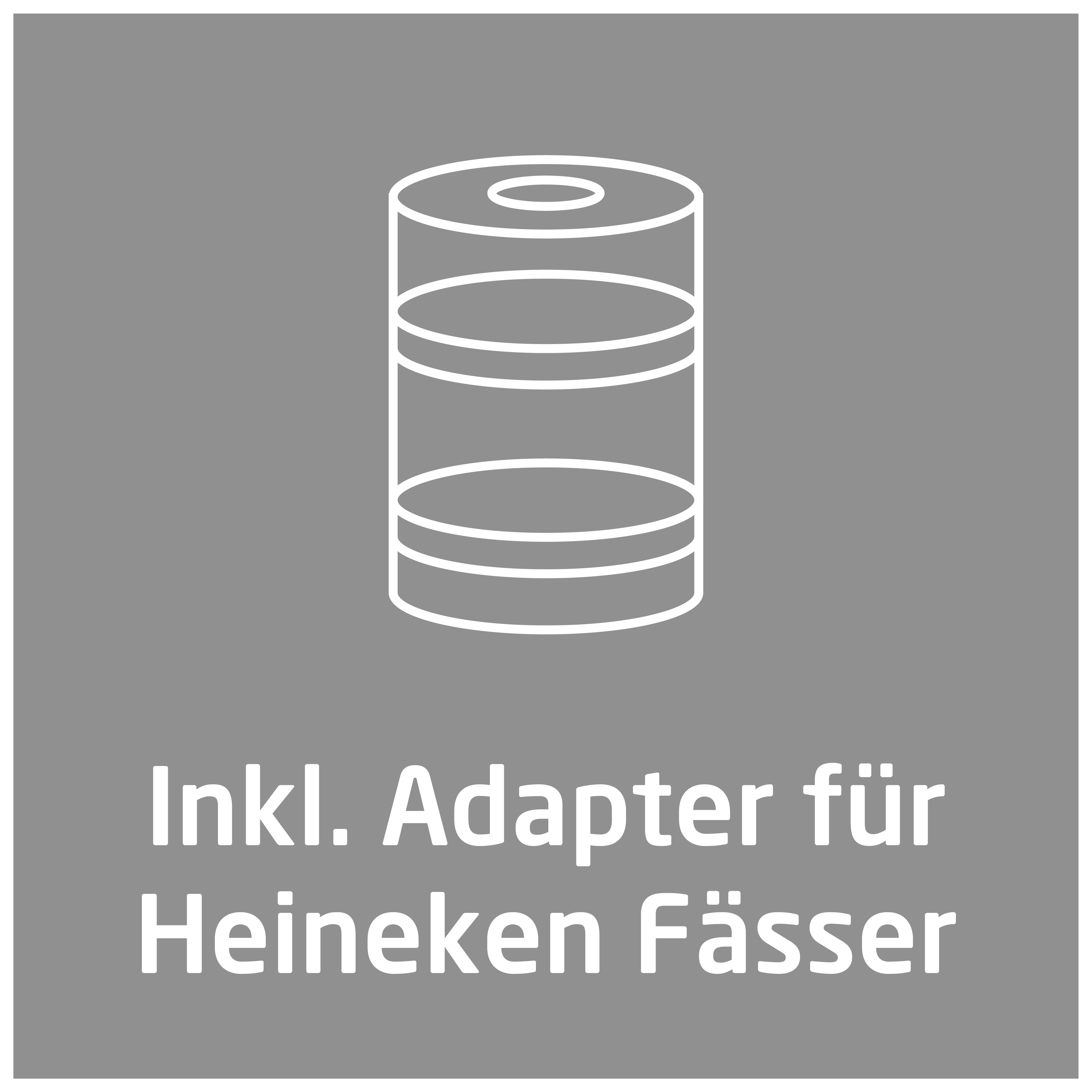 Weiße Strichzeichnung eines Zylinderadapters auf grauem Grund. Text: Inkl. Adapter für Heineken Fässer.