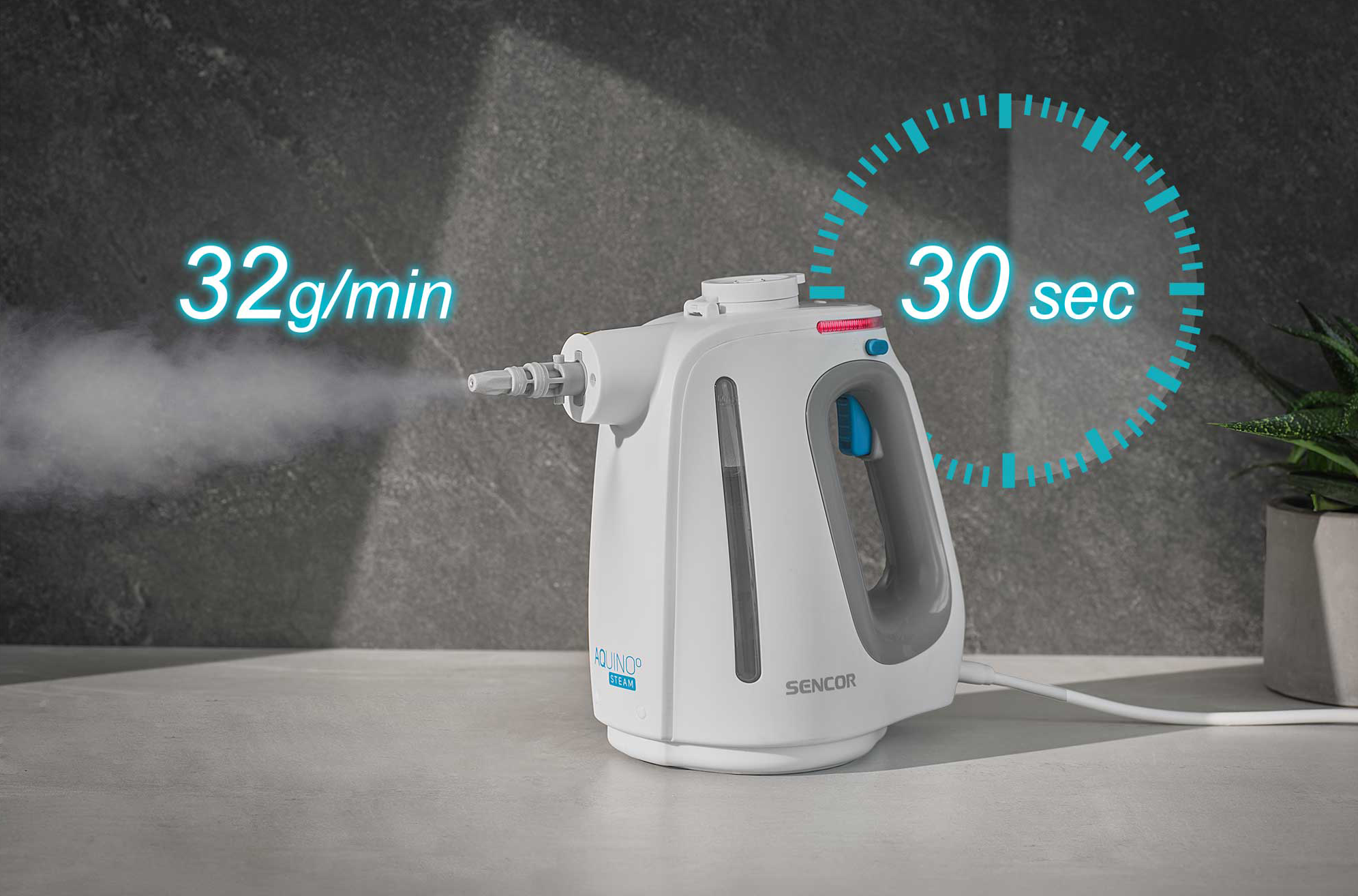 Fehér gőztisztító bocsát ki gőzt, 32g/perc, 30 mp.