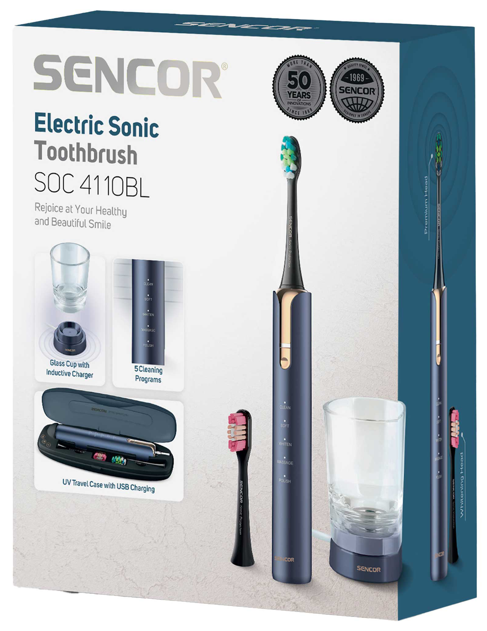 Sötétkék SENCOR elektromos szónikus fogkefe készlet tartozékokkal, pohárral és töltővel.