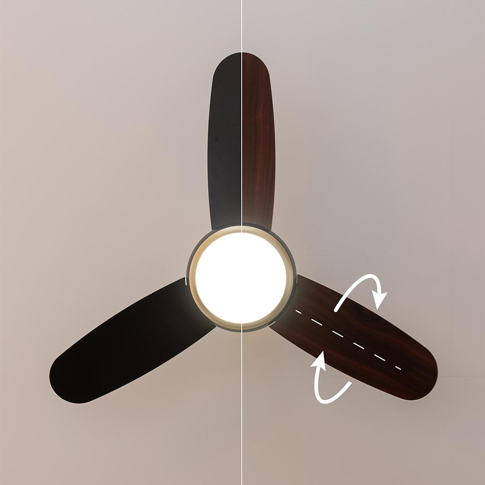 Un ventilador de techo de tres aspas con una luz LED circular central.