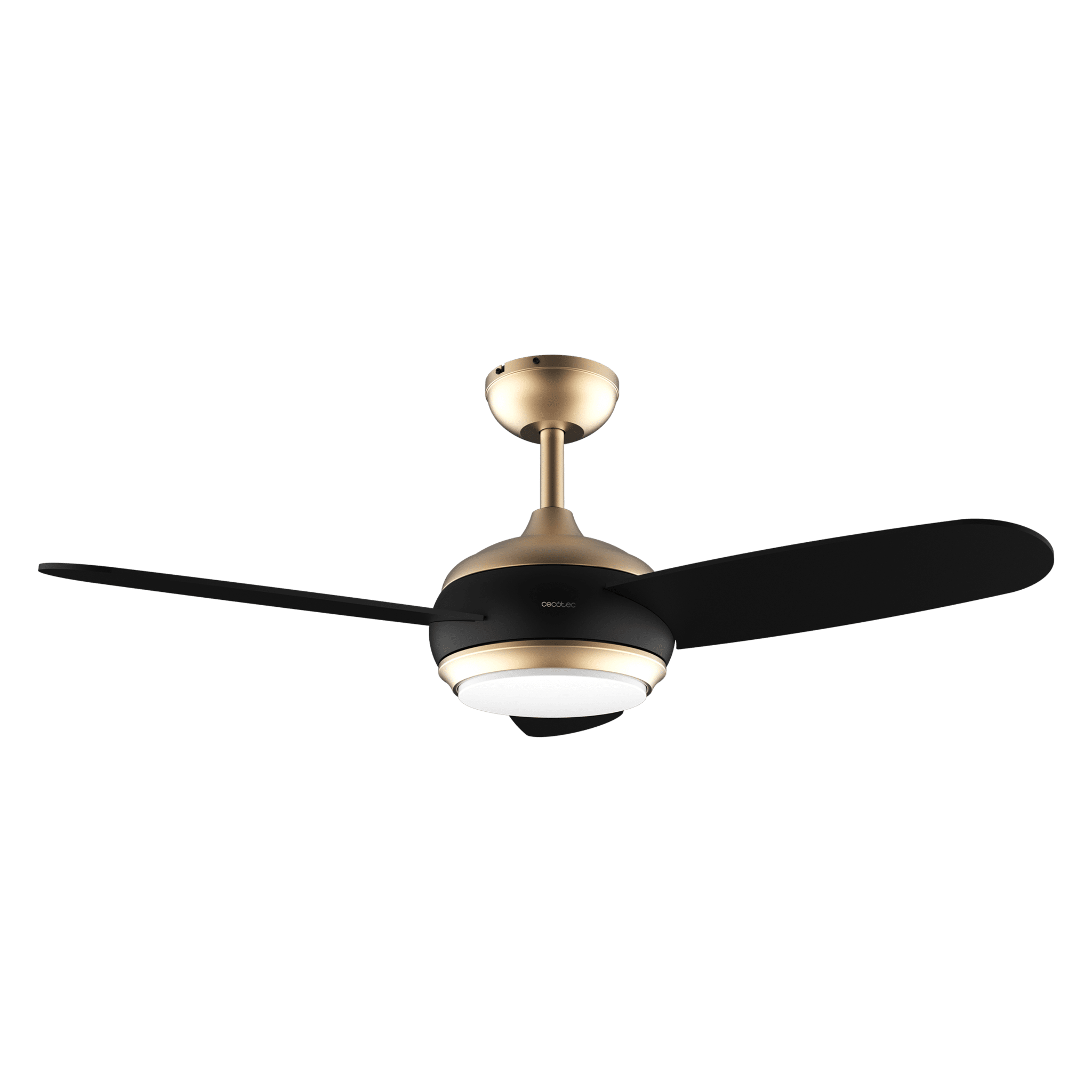 Un ventilador de techo con tres aspas negras y detalles dorados, con luz.