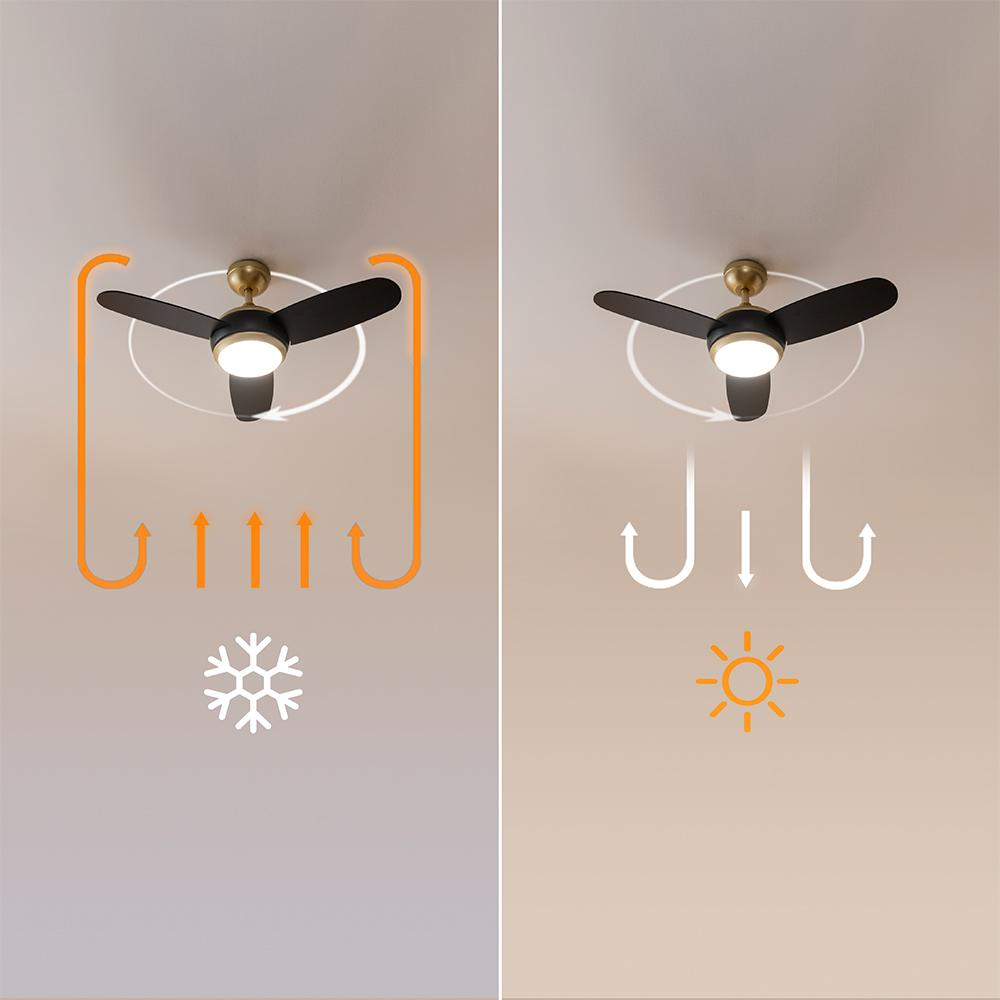 Ventilador de techo con símbolos que indican refrigeración y calefacción.