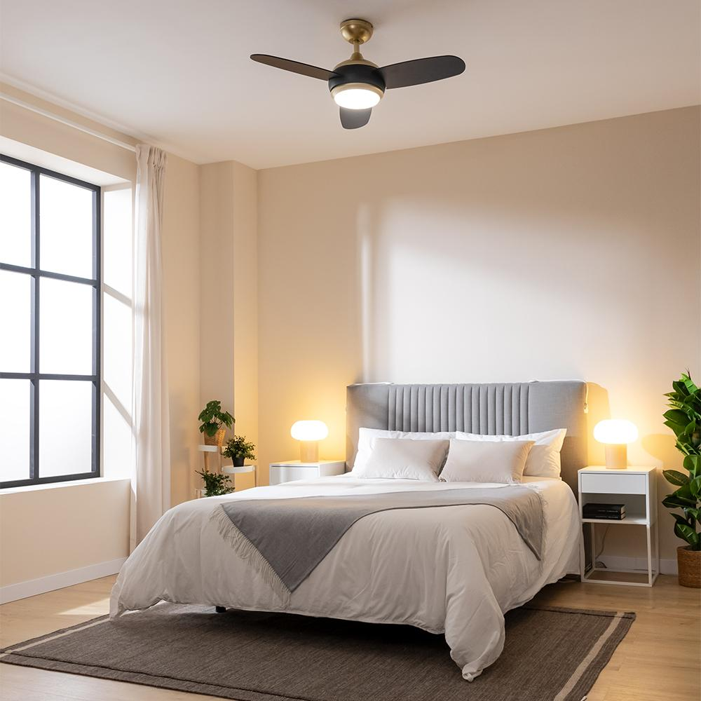 Un dormitorio con cama, mesitas de noche, lámpara, ventilador de techo y ventana.