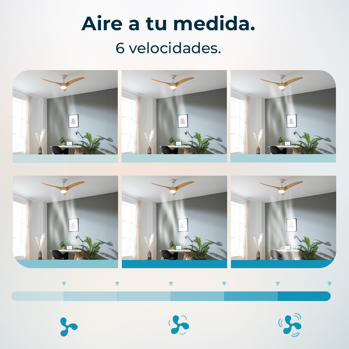 Ventilador de techo con aspas de madera en una oficina elegante con escritorio y silla.