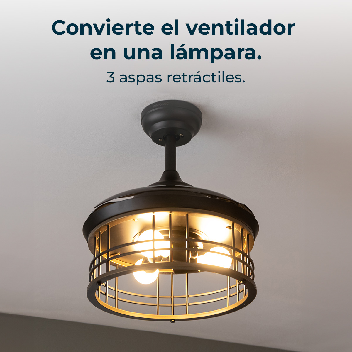 Ventilador de techo negro con aspas retráctiles y lámpara enjaulada con tres bombillas.