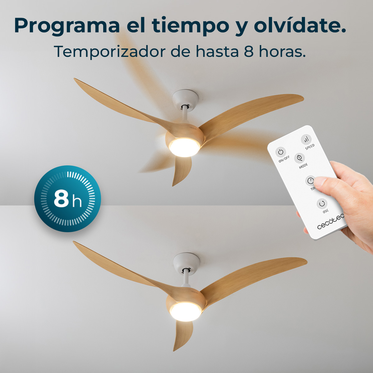 Dos ventiladores de techo con aspas de madera y luz, uno controlado por mando. Icono temporizador 8h.