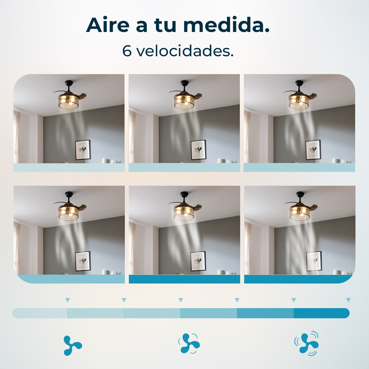 Ventilador de techo con 6 velocidades, mostrado en varios ajustes.