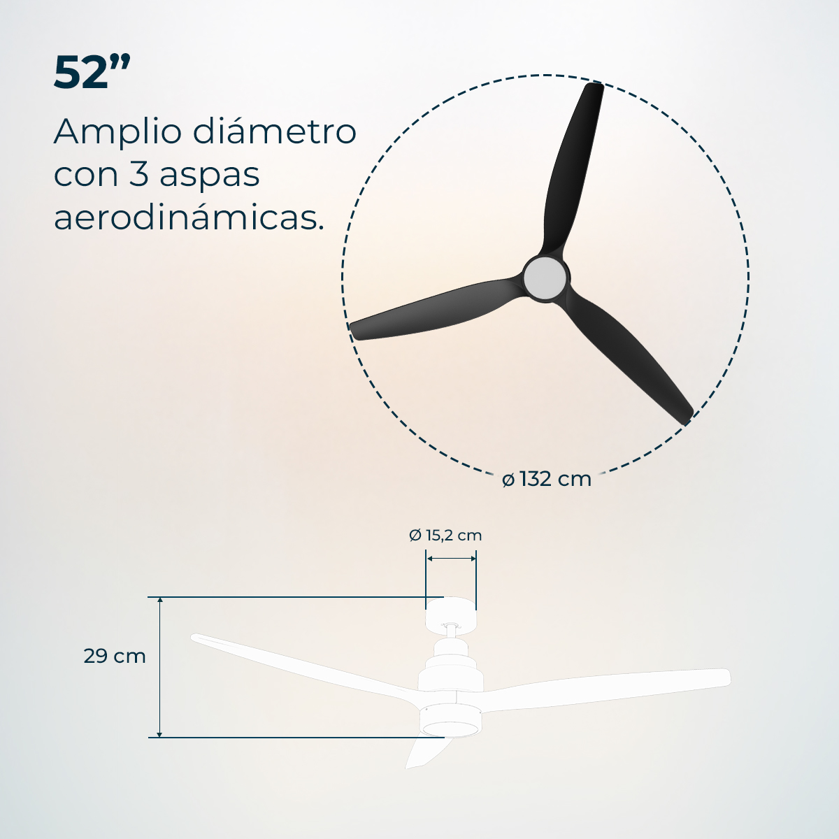 Ventilador de techo con 3 aspas aerodinámicas negras, diámetro 132cm.