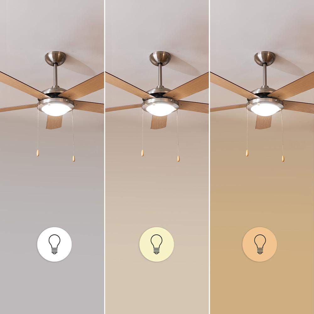 Ventilador de techo con aspas de madera y luz, mostrando tres efectos de iluminación.