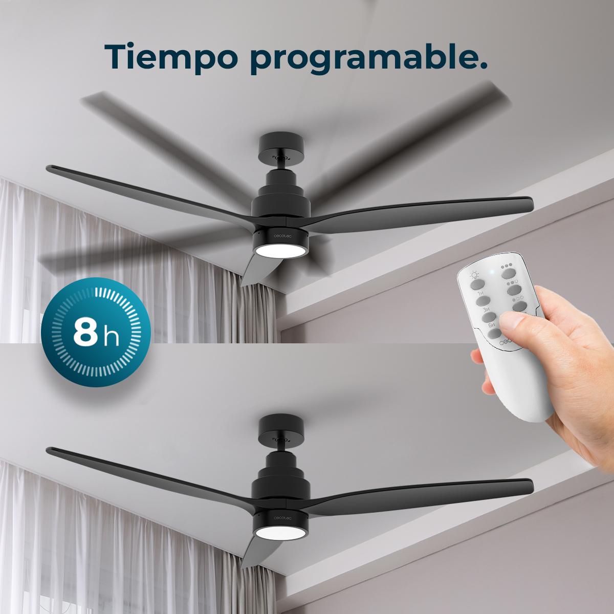 Ventilador de techo negro con luz y mando a distancia, temporizador 8h.