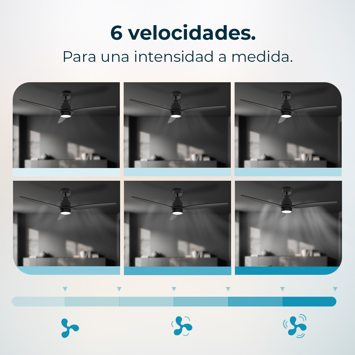 Seis ventiladores de techo a diferentes velocidades, con indicadores de flujo de aire.