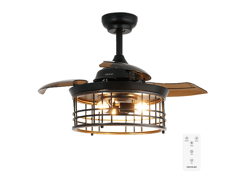 Ventilador de techo - Cecotec EnergySilence Aero 3600, Lámpara integrada, 3 aspas retráctiles, 6 velocidades, Mando, Modo invierno/verano, Marrón